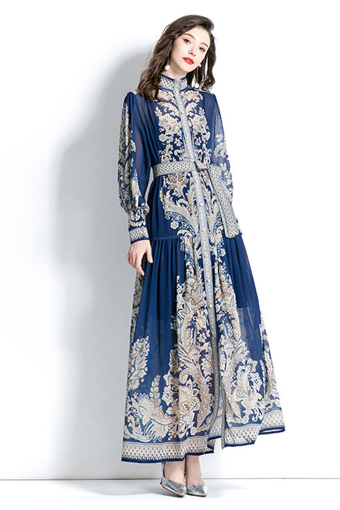 Bright & Elegant Paisley Pattern Long Puff Sleeve, Mock Neck, Belted, Women Long Modest Holiday, Party, Evening, Festive Maxi Dress - Navy